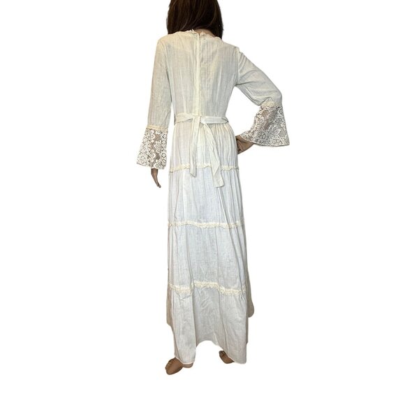 Vintage 70s Ivory Boho Praire Cottagecore Tiered Maxi Dress Crochet Bell Sleeves - Picture 5 of 16